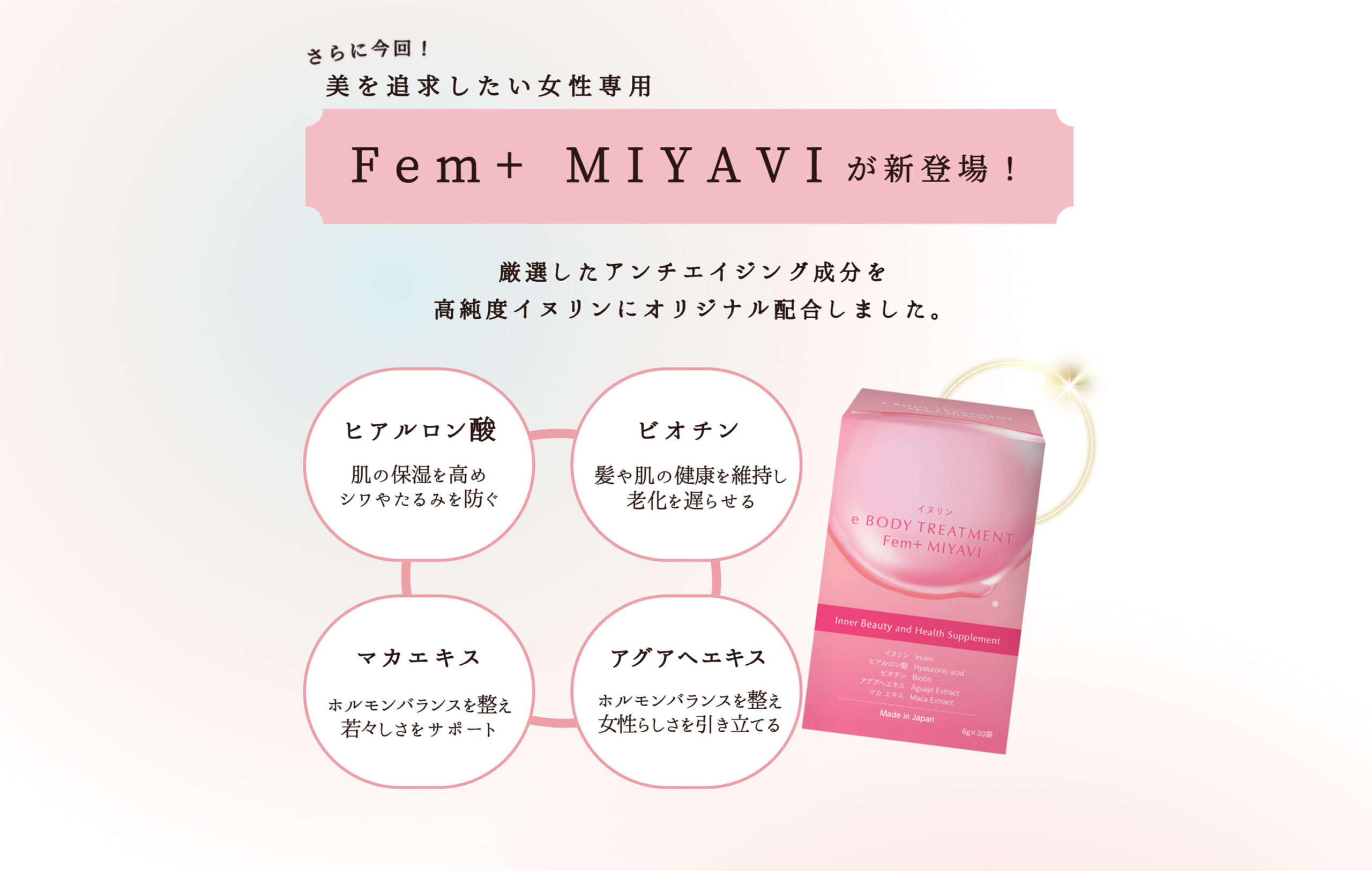 Fem+ MIYAVIが新登場!ヒアルロン酸、ビオチン、マカエキス、アグアヘエキス